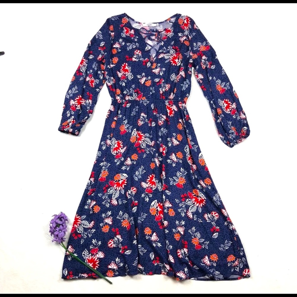 NEW Navy Blue Red Floral Prairie Midi Dress